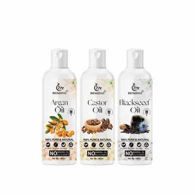 Biomidas 100% Pure Argan Oil & Castor Oil & Blackseed Oil 100ML Combo (Pack Of 3)
