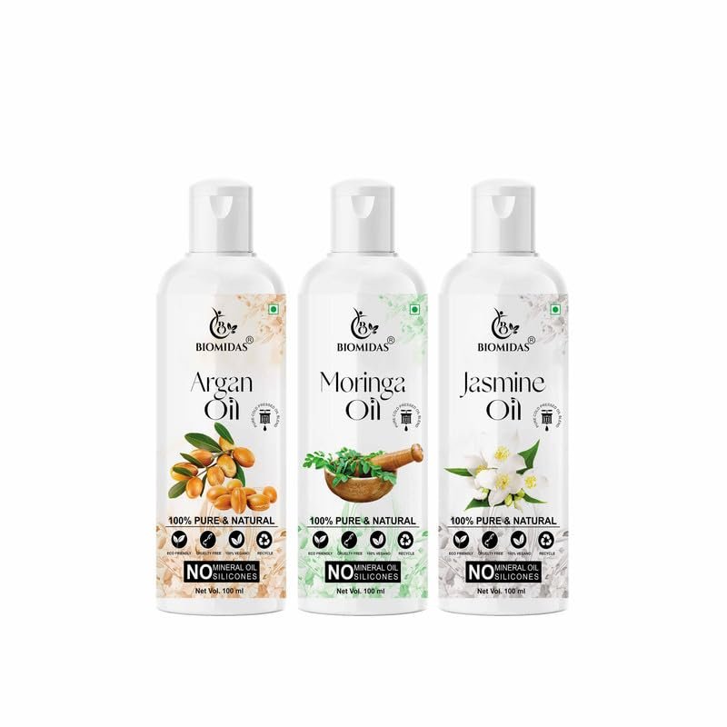 Biomidas 100% Pure Argan Oil & Moringa Oil & Jasmine Oil 100ML Combo (Pack Of 3)