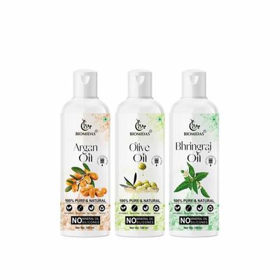Biomidas 100% Pure Argan Oil & Olive Oil & Bhringraj Oil 100ML Combo (Pack Of 3)