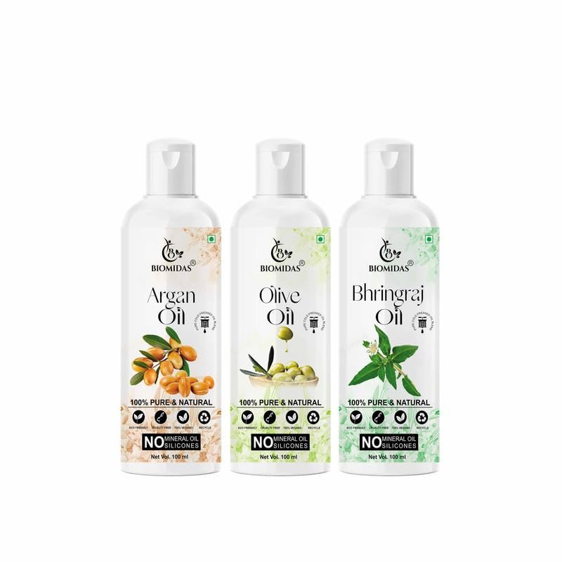 Biomidas 100% Pure Argan Oil & Olive Oil & Bhringraj Oil 100ML Combo (Pack Of 3)