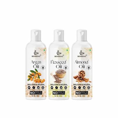 Biomidas 100% Pure Argan Oil & Flaxseed Oil & Almond Oil 100ML Combo (Pack Of 3)