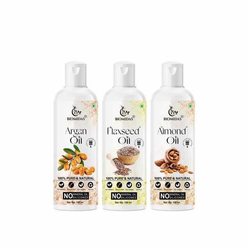 Biomidas 100% Pure Argan Oil & Flaxseed Oil & Almond Oil 100ML Combo (Pack Of 3)