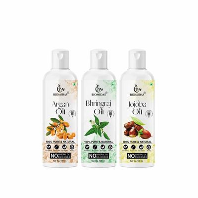 Biomidas 100% Pure Argan Oil & Bhringraj Oil & Jojoba Oil 100ML Combo (Pack Of 3)