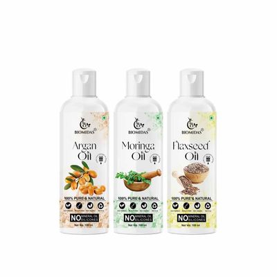 Biomidas 100% Pure Argan Oil & Moringa Oil & Flaxseed Oil 100ML Combo (Pack Of 3)
