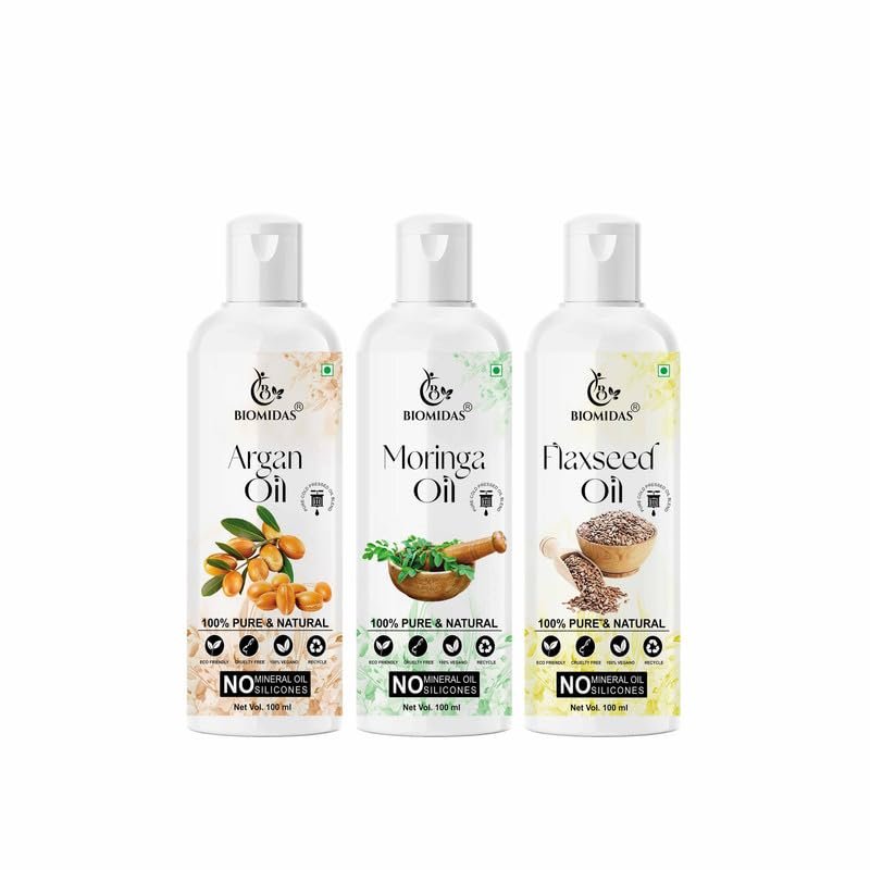 Biomidas 100% Pure Argan Oil & Moringa Oil & Flaxseed Oil 100ML Combo (Pack Of 3)