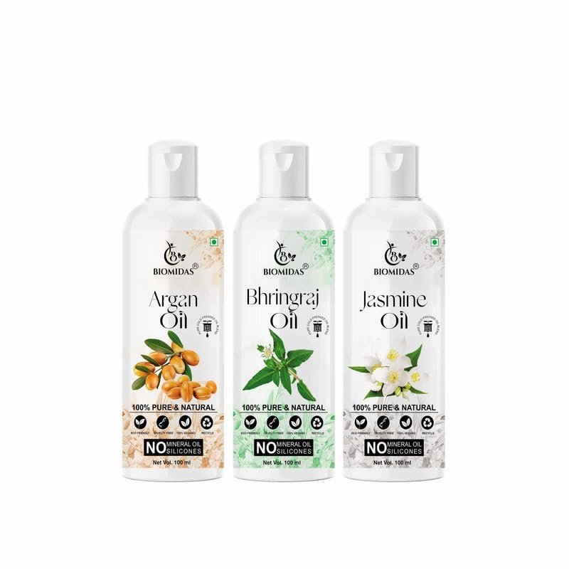 Biomidas 100% Pure Argan Oil & Bhringraj Oil & Jasmine Oil 100ML Combo (Pack Of 3)