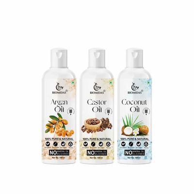 Biomidas 100% Pure Argan Oil & Castor Oil & Coconut Oil 100ML Combo (Pack Of 3)
