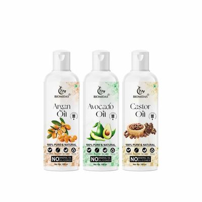 Biomidas 100% Pure Argan Oil & Avocado Oil & Castor Oil 100ML Combo (Pack Of 3)