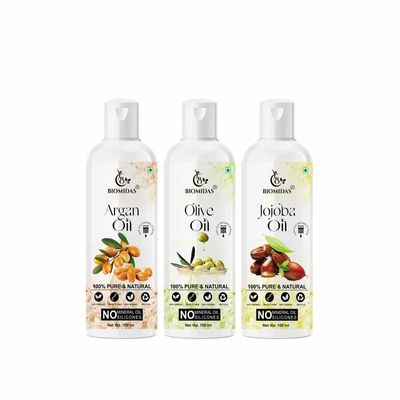 Biomidas 100% Pure Argan Oil & Olive Oil & Jojoba Oil 100ML Combo (Pack Of 3)