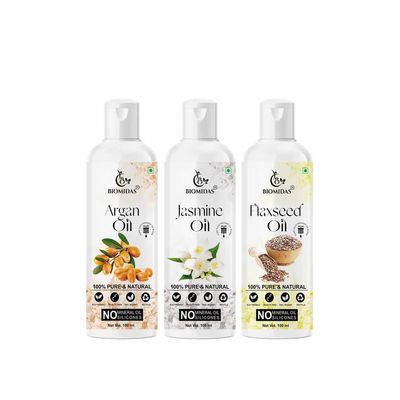 Biomidas 100% Pure Argan Oil & Jasmine Oil & Flaxseed Oil 100ML Combo (Pack Of 3)