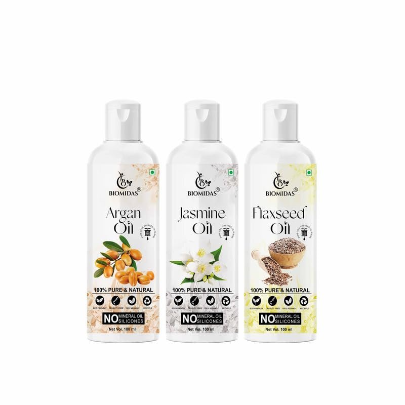 Biomidas 100% Pure Argan Oil & Jasmine Oil & Flaxseed Oil 100ML Combo (Pack Of 3)
