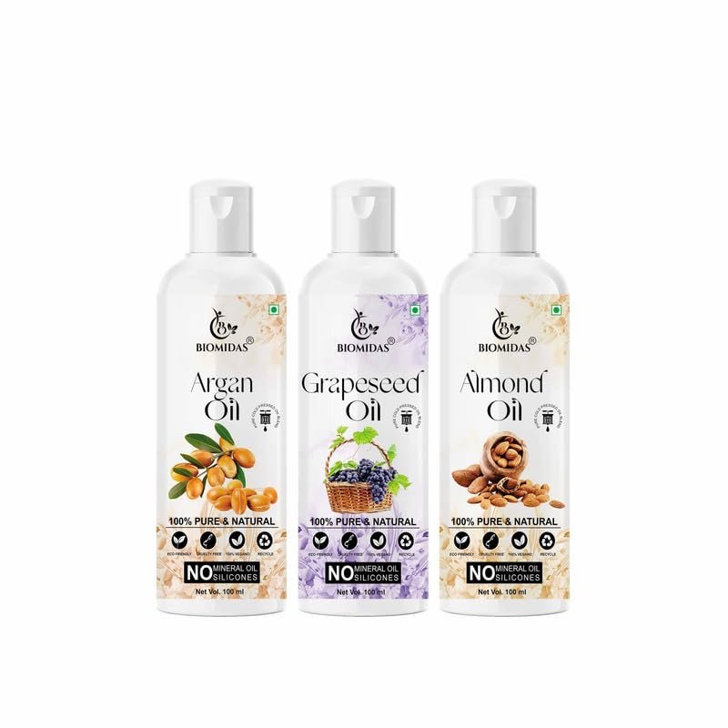 Biomidas 100% Pure Argan Oil & Grapeseed Oil & Almond Oil 100ML Combo (Pack Of 3)