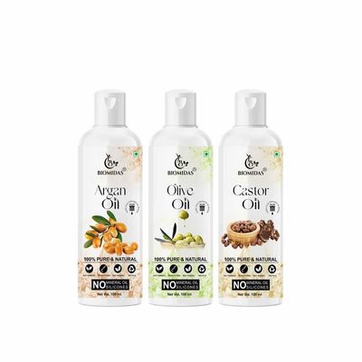Biomidas 100% Pure Argan Oil & Olive Oil & Castor Oil 100ML Combo (Pack Of 3)