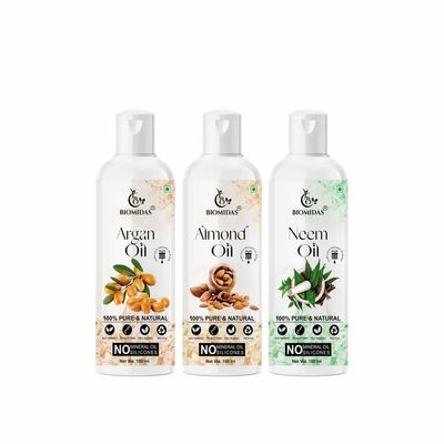 Biomidas 100% Pure Argan Oil & Almond Oil & Neem Oil 100ML Combo (Pack Of 3)