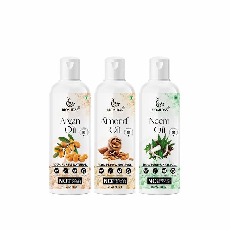 Biomidas 100% Pure Argan Oil & Almond Oil & Neem Oil 100ML Combo (Pack Of 3)