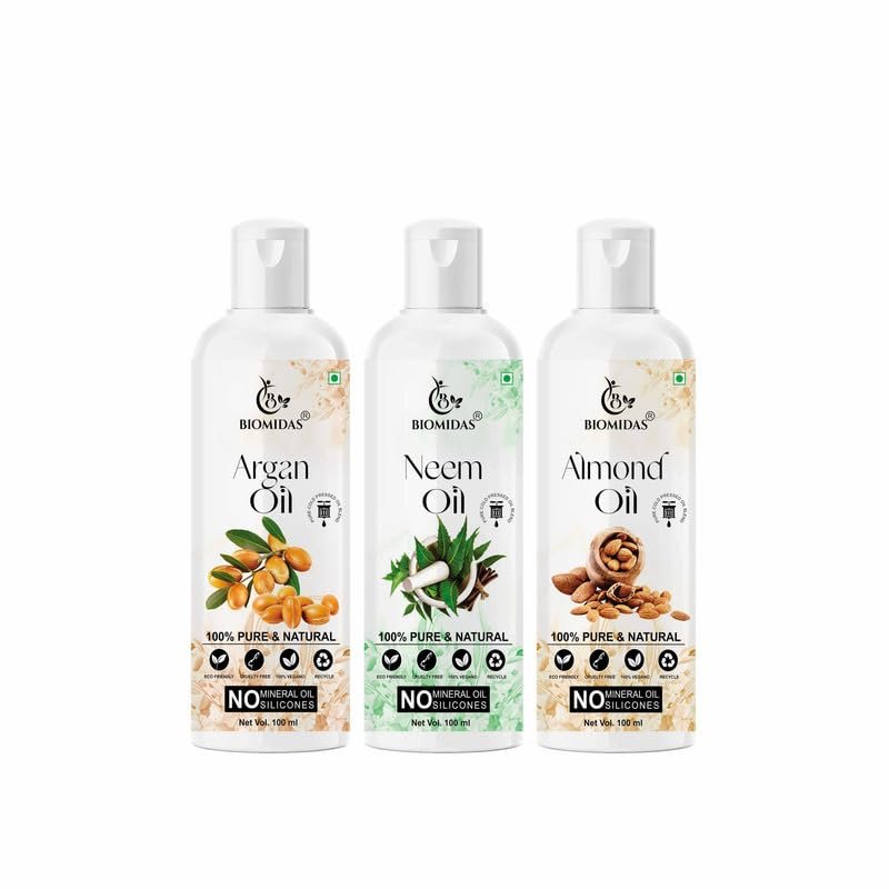 Biomidas 100% Pure Argan Oil & Neem Oil & Almond Oil 100ML Combo (Pack Of 3)