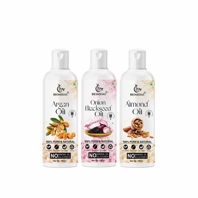 Biomidas 100% Pure Argan Oil & Onionblackseed Oil & Almond Oil 100ML Combo (Pack Of 3)