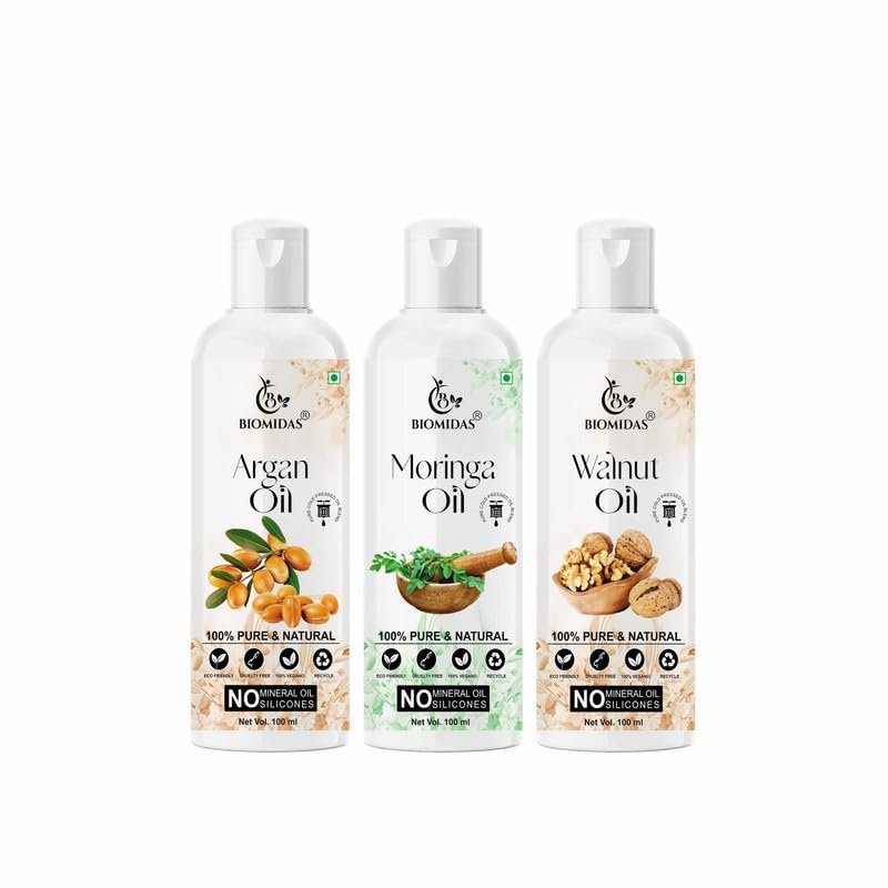 Biomidas 100% Pure Argan Oil & Moringa Oil & Wheat Germ Oil 100ML Combo (Pack Of 3)