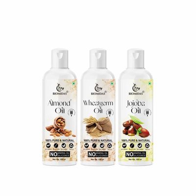 Biomidas 100% Pure Almond Oil & Wheat Germ Oil & Jojoba Oil 100ML Combo (Pack Of 3)