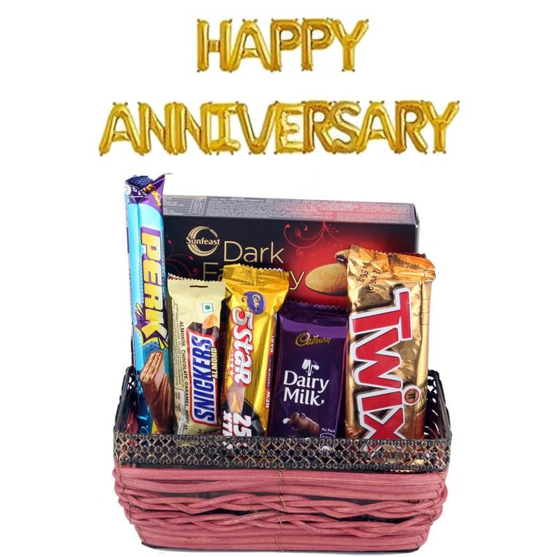 SFU E Com Beautiful Basket With Tasty Almond Chocolate | Happy Anniversary Foil Ballons Letters With Chocolate Gift Hamper | Anniversary Chocolate Gift Combo | 730