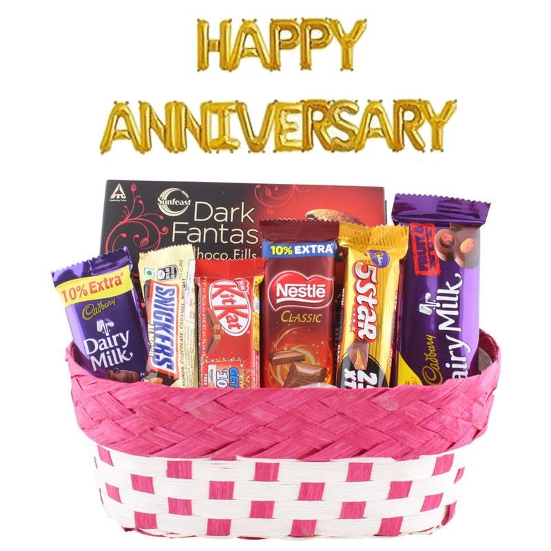SFU E Com Beautiful Chocolate Gift Hamper With Basket | Happy Anniversary Foil Ballons Letters With Chocolate Gift Hamper | Anniversary Chocolate Gift Combo | 469