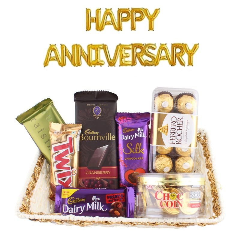 SFU E Com Beautiful Chocolate Combo With Wooden Basket Hamper | Happy Anniversary Foil Ballons Letters With Chocolate Gift Hamper | Anniversary Chocolate Gift Combo | 534