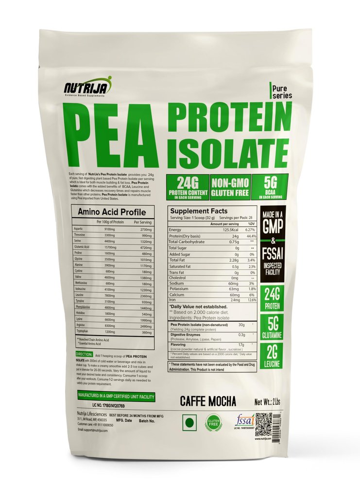 NutriJa Pea Protein Isolate 85% with added Digestive Enzymes 100% Vegan & Plant-Based, BCAAs, Amino Acid, Non-GMO 28 Servings (2 Lbs (Caffe Mocha))