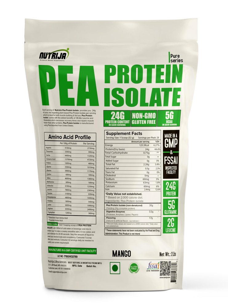 NutriJa Pea Protein Isolate 85% with added Digestive Enzymes 100% Vegan & Plant-Based, BCAAs, Amino Acid, Non-GMO 28 Servings (2 Lbs (Mango))