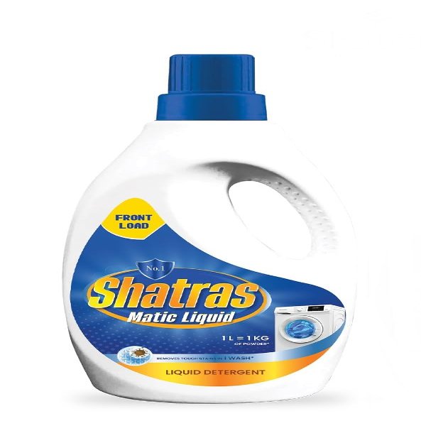 Shatras Matic Liquid Detergent For Fabric Care, 100% Tough Stain Removal In Front Load Machines, For All Types Fabric (Blue 1), 1 liter