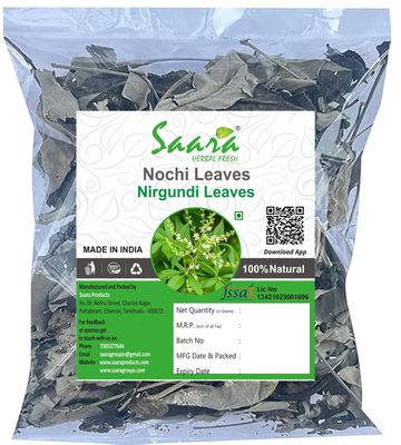 Saara HERBAL FRESH Nochi Leaves (Dried), 550g, Nirgundi leaves, Sinduari, Indrani, Bile-Nekki, Nirgari, Vitex Negundo Leaves, 550g