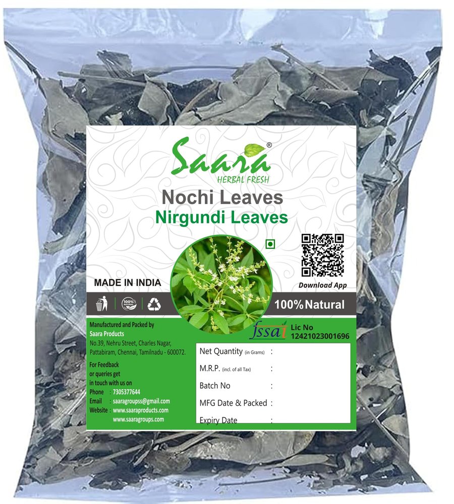 Saara HERBAL FRESH Nochi Leaves (Dried), 550g, Nirgundi leaves, Sinduari, Indrani, Bile-Nekki, Nirgari, Vitex Negundo Leaves, 550g