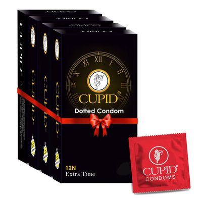 Cupid Dotted & Extra TIme Condoms (Pack of 4) | Lubricated & Multitextured Condoms | For Her Enhanced Pleasure | Pack of 4, 12 Pcs Each