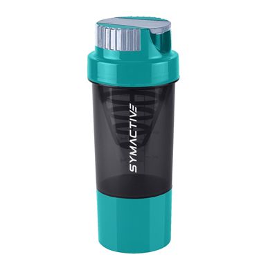 Amazon Brand - Symactive Plastic Shaker Bottle with Carry Loop | With Extra Compartment | Protein Shaker | Leak-Resistant | (500ml, Cyan)
