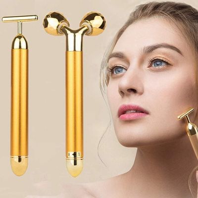 Abgrow 24k Gold 3D Y Shape Facial Roller & T Shape Electric Vibration Massager Combo Set for Women Complete Skin Care