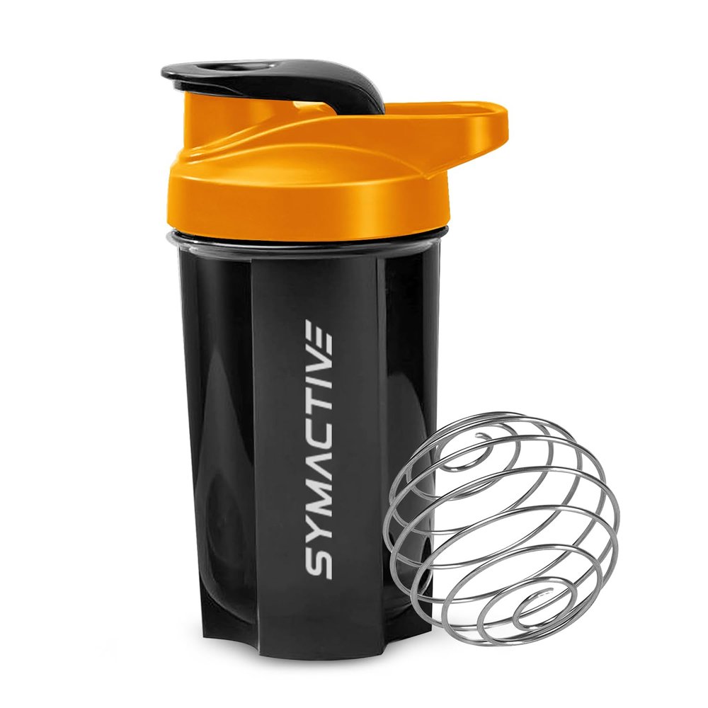 Amazon Brand - Symactive Plastic Shaker Bottle with Mixer Ball and Carry Loop | Protein Shaker | Leak-Resistant | (500ml, Blue/Orange)