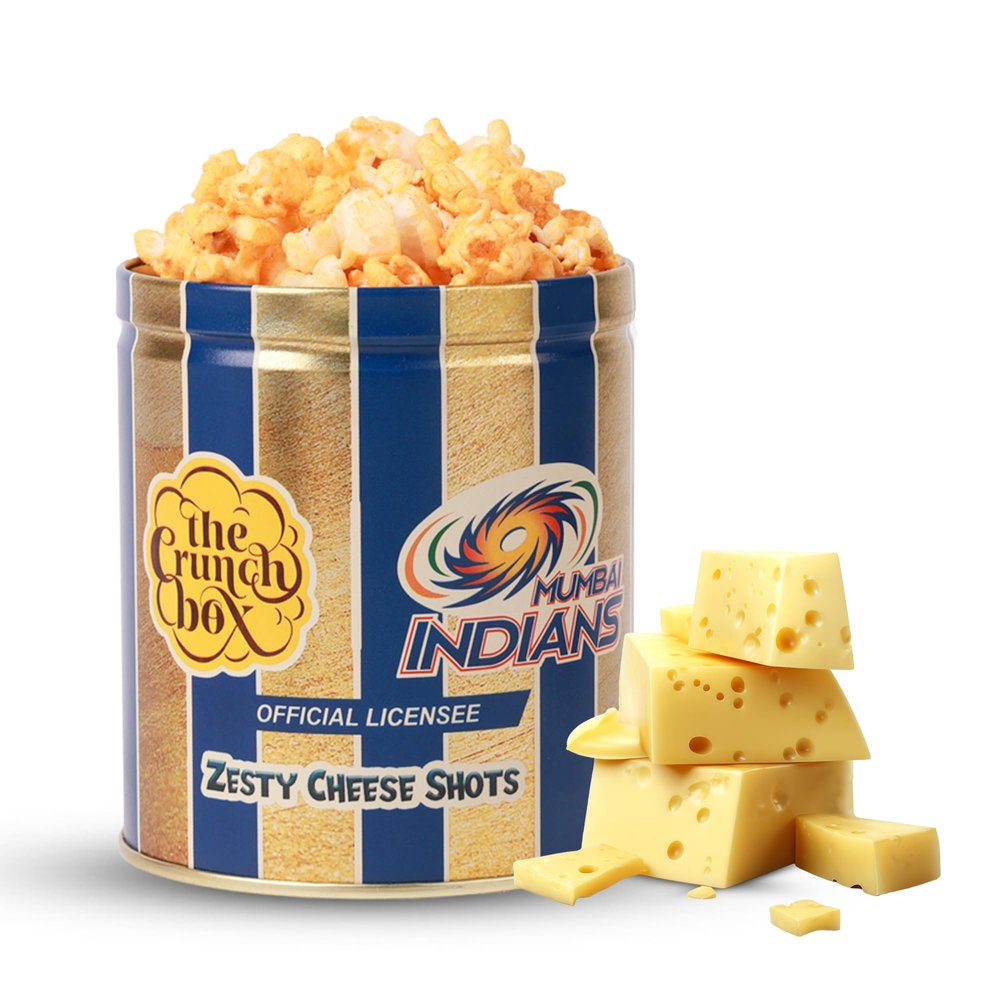 The Crunch Box presents Sports Edition Mumbia Indians Gourmet Popcorn | Tangy Zesty Cheese Shots Popcorn | 150gms Tin