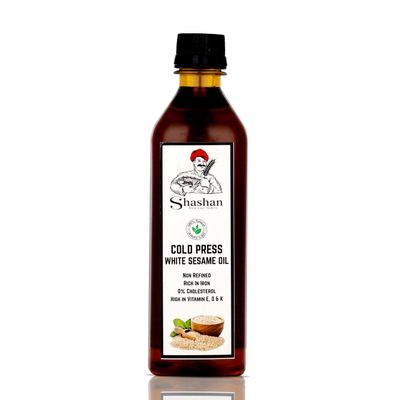 Shashan Pure and Unrefined Cold Pressed White Sesame (Gingelly) Oil | Kolhu/Kacchi Ghani/Mara Chekku/Ganuga | Naturally Cholesterol Free, 500 ML, White Sesame Oil with Rich Aroma & Flavour of Real Sesame Seeds, For Daily Cooking with Multipurpose Usa