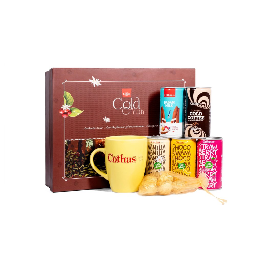 Cothas Coffee Cold Truth Gift Pack | Contains 1 Classic Cold Coffee | 1 BonBon Cold Coffee | 1 Badam Milk | 1 Strawberry Milkshake | 1 Vanilla Milkshake | 1 Cothas Mug