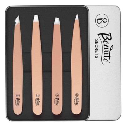 Beaut Secrets Luxury Tweezers Set - Professional Stainless Steel, Best Precision Tweezers for Eyebrows - Great Precision for Facial Hair, Ingrown Hair, Splinter, Eyebrow (Rose Gold)