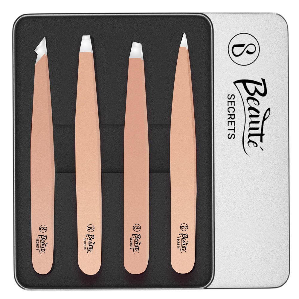 Beaut Secrets Luxury Tweezers Set - Professional Stainless Steel, Best Precision Tweezers for Eyebrows - Great Precision for Facial Hair, Ingrown Hair, Splinter, Eyebrow (Rose Gold)