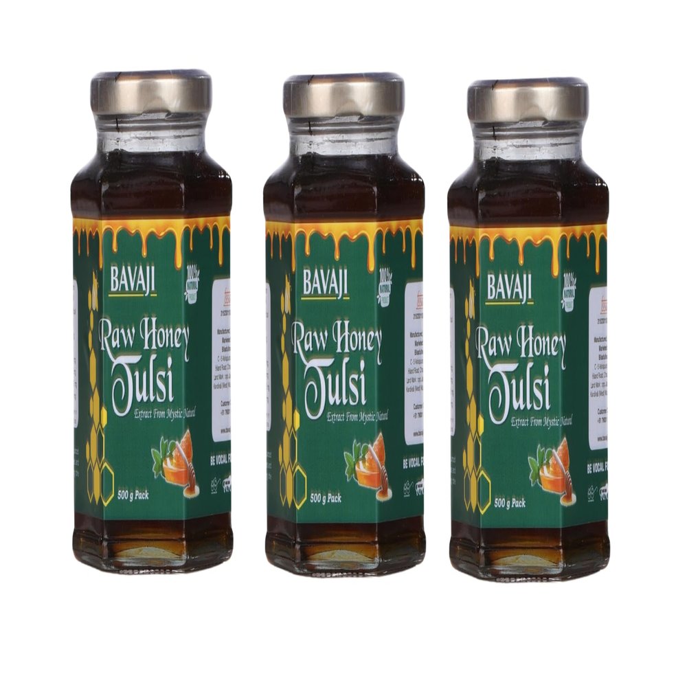 BAVAJI Raw Honey Tulsi Glass Jar | 500 G | Pack of 3