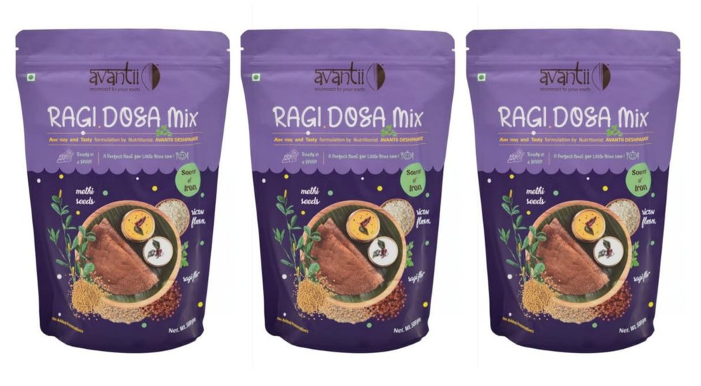Avantii Ragi Dosa Mix Instant Ready Mix 500 Gram | Rich Source of Iron, Calcium and Dietary Fiber | Gluten Free, No Artificial Flavours and Preservatives | Ready in 5 Easy Steps (Pack of 3)