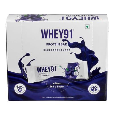 Whey91 Blueberry Blast Protein Bar, 20g Protein & 7.3g Fiber in each, No Added Sugar |No Artificial Flavour, 390g- (Pack of 6)