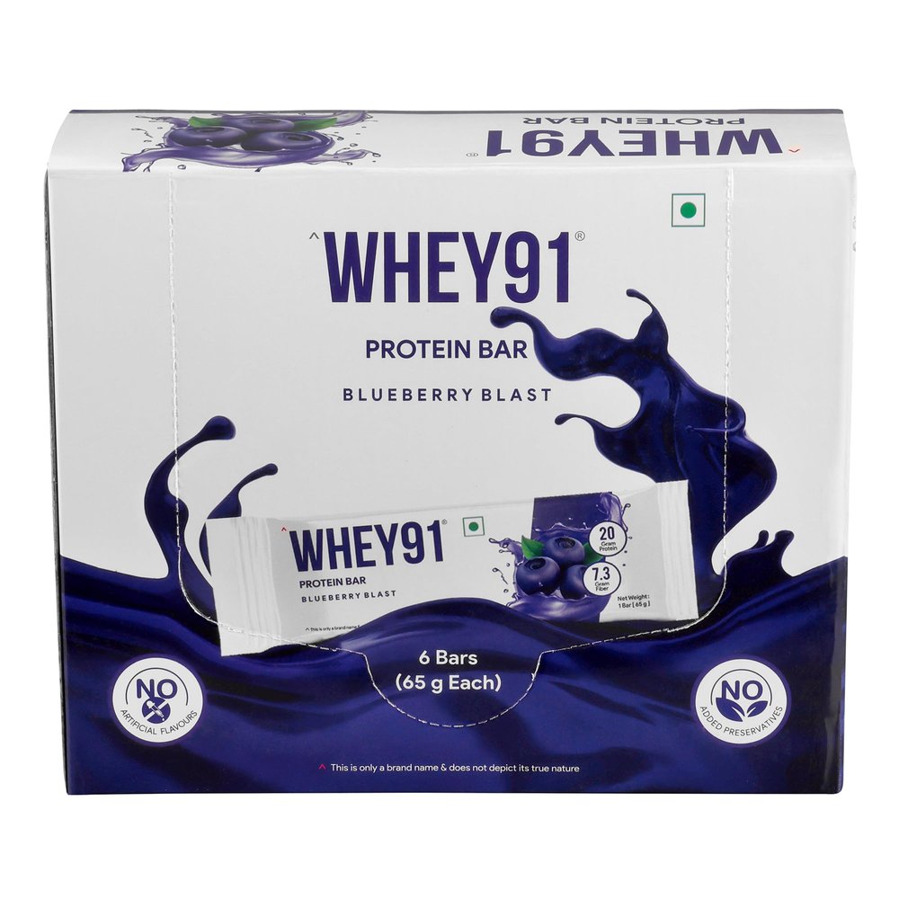 Whey91 Blueberry Blast Protein Bar, 20g Protein & 7.3g Fiber in each, No Added Sugar |No Artificial Flavour, 390g- (Pack of 6)