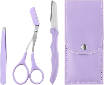 3 Pcs Purple Eye Brow Scissor Eyebrow Removal Tweezer Eyebrow Trimmer Razor Facial Hair Shaper Eyebrow Trimming Tool with PU Leather Case women Men's