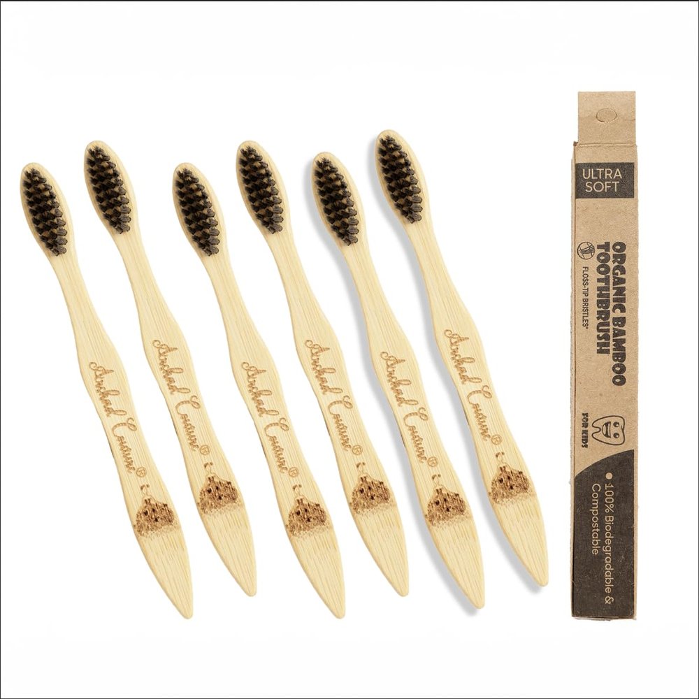 Arshad Couture Kids Bamboo Toothbrushes with Charcoal bristles | Ultra Soft | Nylon Free | Eco Friendly | Biodegradable | Bristles made with PBT (Polybutylene Terephthalate) | Organic | Pack of 6