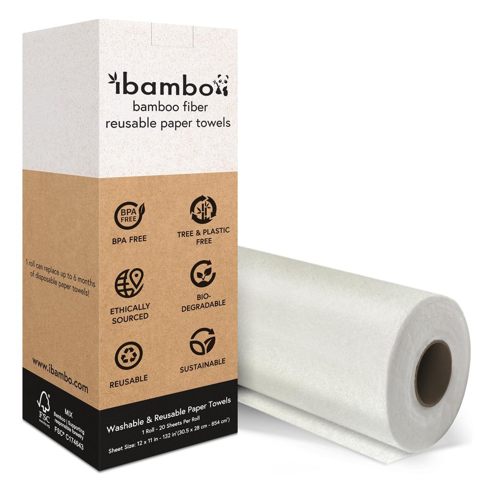 ibambo 1 Roll of Bamboo Reusable Paper Towels - Heavy Duty & Super Absorbent | Durable, Ecofriendly Machine Washable Paper Towels | 100% Rayon Derived from Bamboo | 20 Sheets Per Roll, 12"x11" Sheets