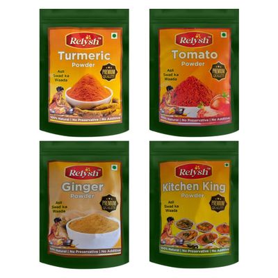 RELYSH 400 GM Masala Powder Combo Pack | Dehydrated Tomato Powder 100g, Dehydrated Ginger Powder 100g, Turmeric Powder 100g, Kitchen King Powder 100g - For Cooking & Baking | VEGAN Certified
