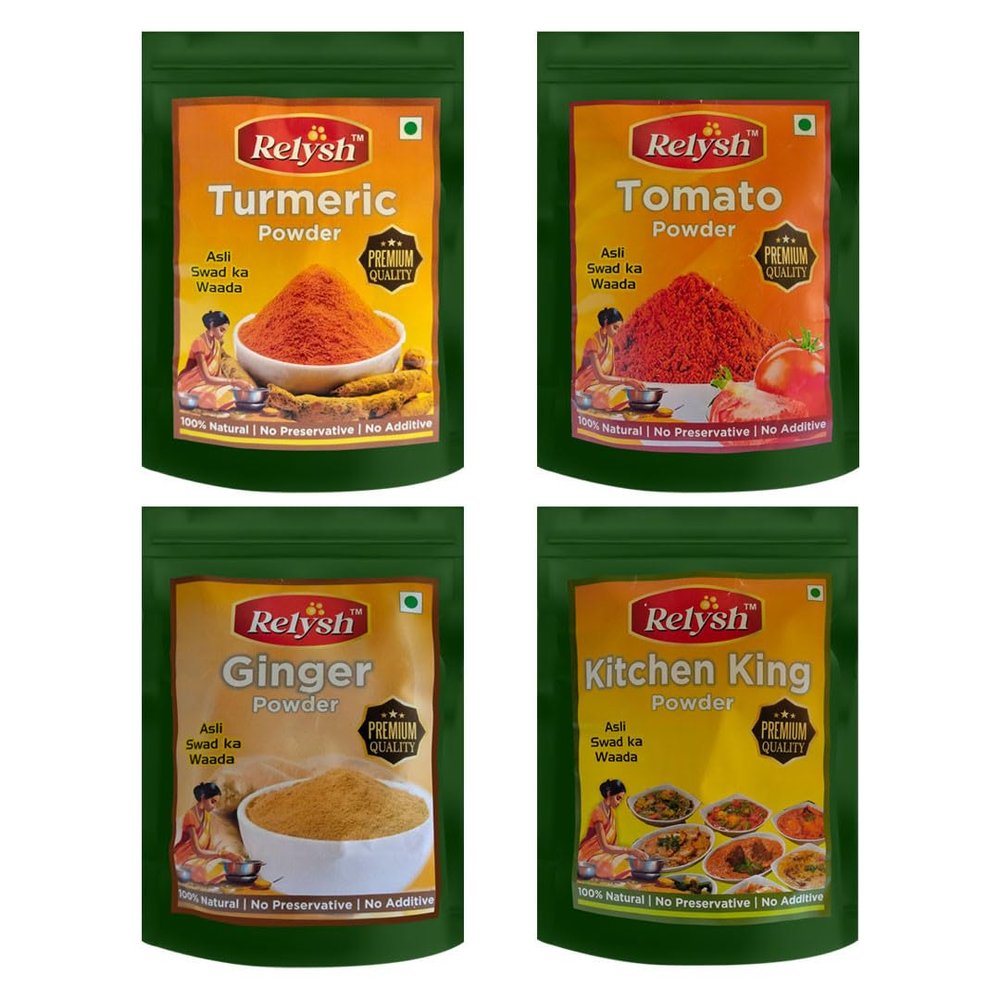 RELYSH 400 GM Masala Powder Combo Pack | Dehydrated Tomato Powder 100g, Dehydrated Ginger Powder 100g, Turmeric Powder 100g, Kitchen King Powder 100g - For Cooking & Baking | VEGAN Certified