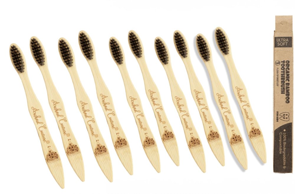 Arshad Couture Kids Bamboo Toothbrushes with Charcoal bristles | Ultra Soft | Nylon Free | Eco Friendly | Biodegradable | Bristles made with PBT (Polybutylene Terephthalate) | Organic | Pack of 10
